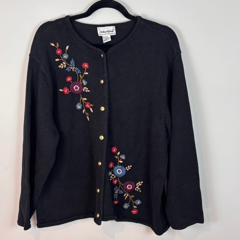 Anthony Richards Womens Black Cotton Floral Embroidered Cardigan 2X Grannycore‎